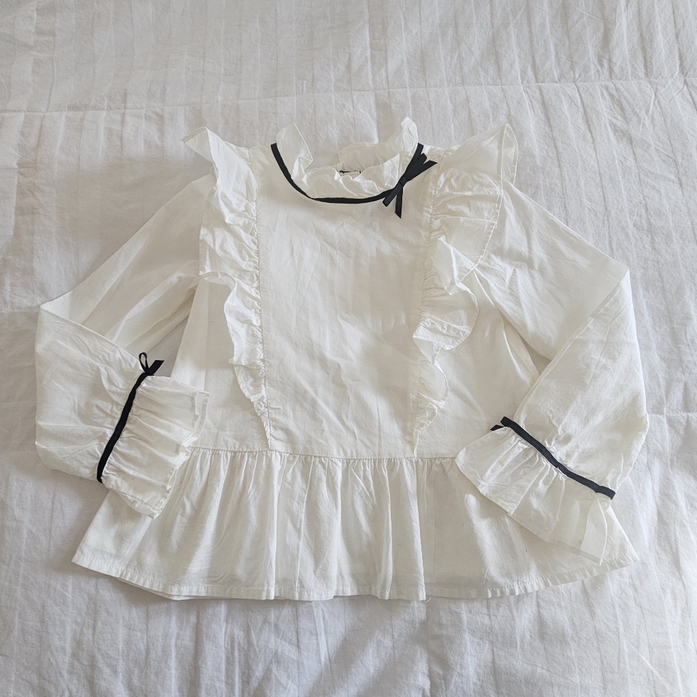 Janie & Jack Peplum Ruffle Black Bow Trim Cotton Blouse, Size 6